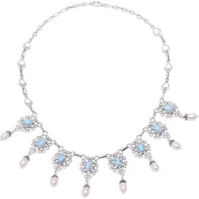 NOVICA Artisan Handmade Cultured Pearl Larimar Waterfall Necklace Sterling Silver Freshwater Blue White Pendant Link India Gemstone Birthstone [18.25 in L x 0.3 in W Pendant(s) 1.6 in L x 6.5 in W x ]