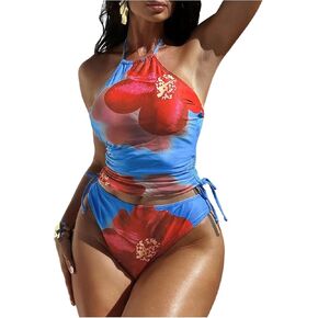 Women's 2 Piece Tankinis Swimsuit Floral Tie Backless Halter Top High Cut Thong Bathing Suit Bikini Sets