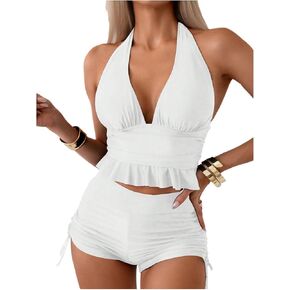 OYOANGLE Women's 2 Piece Tankini Set Two Piece Ruffle Bathing Suits Ruched Halter Swimsuits with Shorts