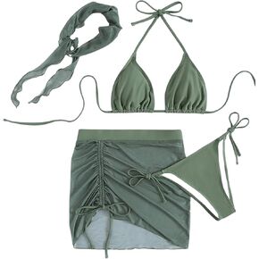 SEGT Women's 4 Piece Polka Dots Bikini Sets Halter Triangle Swimsuits with Mesh Cover Up Skirt and Scarf