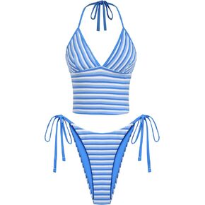 ZAFUL Swim Suits for Women 2025 Halter V Neck Tankini Sets Terry Striped Bikini High Cut Tie Side Thong Bathing Suit