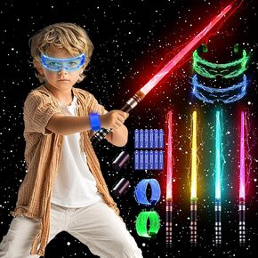 مجموعات Sanco Light Up Saber للأطفال - 4 حزم تم ترقيتها 7 ألوان قابلة للتراجع عن السيوف مع صوت FX ، ونظارات ودغلة LED 2PCs ، وملحقات Cosplay ، وهدايا عيد ميلاد عيد الميلاد للبنين والبنات