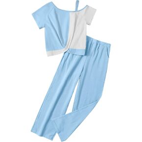 Girls Clothes Twist Knot Color Block Loose Fit Cold Shoulder Top + Solid Color Wide-lege Pants Girls Spring Clothes