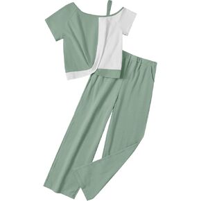 ملابس الفتيات تويست عقدة بلوك فضفاضة ملائمة الكتف البارد أعلى + ألوان صلبة عريض السراويل الفتيات الفتيات الربيع الملابس in Kuwait