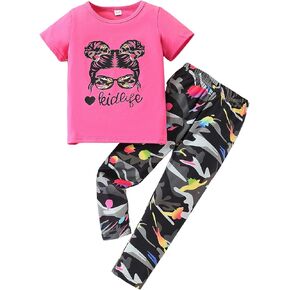 2PC Kids Outfit Toddler Girls Clothes Figure & Letter Print Short Sleeve Top + Camo Print Pants Set