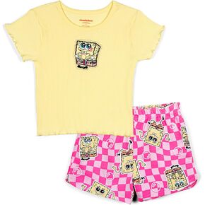 SpongeBob SquarePants Girls Ribbed T-Shirt and French Terry Shorts Outfit Set Toddler to Big Kid Sizes (2T - 18-20)
