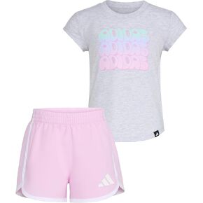 adidas Girls Cap Sleeve Heather Tee Shirt and Woven Short Set
