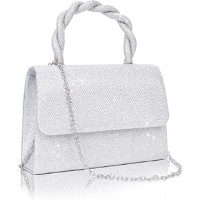 Larcenciel Clutch Purses for Women, Glitter Silver Evening Handbags with Twisted Rope Handles and 2 Removable Chain Straps, Fashion Sequins Ladies Tote Party Bags for Wedding Cocktail Prom Dinner Date
