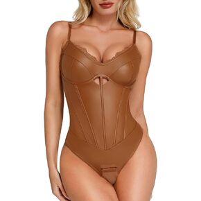 Popilush Leather Bodysuits for Women Tummy Control Shapewear Lace V Neck Corset Tops Faux Leather Thong Body Suits