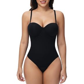SHAPERIN Women's Tummy Control Shapewear Bodysuits Strapless Low Back Body Shaper with Built-in Bra & Removable Straps