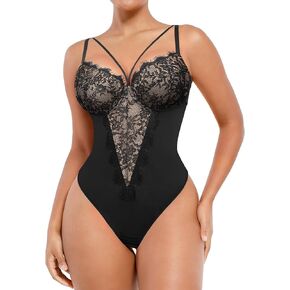 SHAPELLX Womens Lace Bodysuit for Large Bust Tummy Control Shapewear Backless Corset Top V Neck Thong Body Suits Shaper