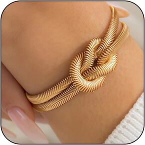 Chunky 14K Gold Love Knot Layered Snake Chain Bracelets for Women, Statement Silver Snake Chain Infinity Knot Bracelet Unique Punk Love Jewelry Gift