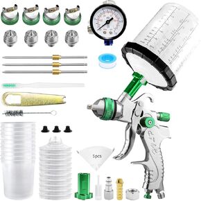 HVLP Spray Gun with 10x 600ML Disposable Paint Cups, 4 Nozzles,1.4/1.7/2.0/2.5mm, Automotive Paint Guns Gravity Feed Air Spray Gun Kit with Air Compressor for Cars, Furniture, Fence, DIY