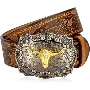 BISON DENIM Men's Western Double Embossed Leather Belts with Golden Cowboy Longhorn Bull Pattern Floral Engraved Buckle Belt