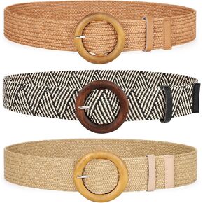 JASGOOD 3 Pack Women Straw Woven Elastic Belts
