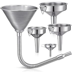 Blulu Set of 5 Stainless Steel Flexible Oil Funnels for Automotive Use Bendable Spout Funnel for Cars Boat Canning Diesel Fuel Other Liquids, with Hose and Filter