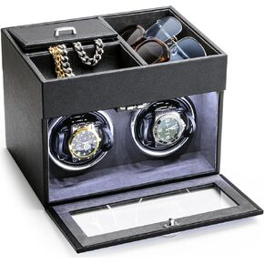 Veloria Dual Watch Watch with Jewelry Organizer-2-in-1 Automatic Automatic Japanese Silent Motor ， LED Backlight Watch Turner ، وسائد مشاهدة قابلة للتعديل للساعات الفاخرة للرجال وتخزين المجوهرات (أسود)