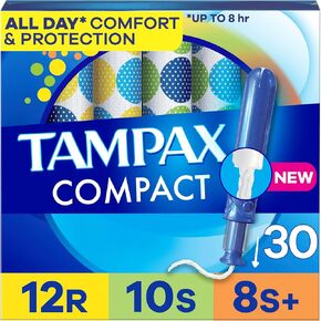 Tampax Compact Pearl Tampons Multipack, with LeakGuard Braid & Extendable Applicator, Regular/Super/Plus Absorbency, Compact Extendable Applicator, Unscented, 30 Count