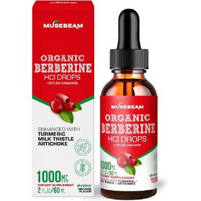 Organic Berberine HCl 1000mg Liquid Drops - with Ceylon Cinnamon Turmeric Milk Thistle Artichoke - High Bioavailability Supplement for Men Women - Vegan Sugar Free Gluten Free 2fl. oz (60ml)