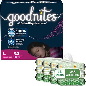 حزمة Goodnites and Pipes: ملابس داخلية للبنات ، مناديل صغيرة/متوسطة ، 44CT و Huggies ، مناديل حساسة للرعاية الطبيعية ، غير معروضة ، 12 حزمًا للوجه (إجمالي 768 مناديل) (قد تختلف العبوة)