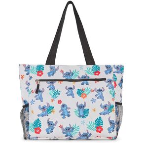 Disney Stitch Women Zip Tote Shoulder Bag Beach Travel Mesh Side Pockets (White)