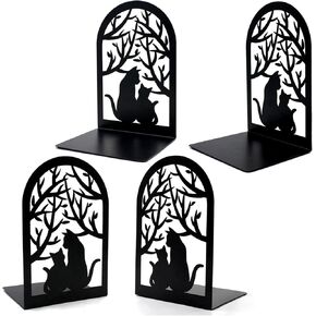 Book Ends, Bookends, Metal Bookend, Cat Decorative Bookends, Bookends for Shelves, Home Decorative Bookends for Heavy Books, Black Non-Skid Book Stopper, 7 x 4.7 x 4 inch (2 Pair)
