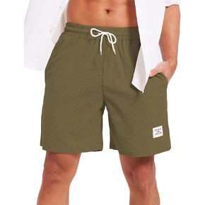 Men's Corduroy Shorts Casual Elastic Waist Drawstring Lightweight Loose Fit Beach Shorts with Pockets