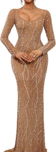 Long Sleeve Pearl Dress Maxi Prom Cocktail Evening Dresses with Rhinestone in Kuwait
