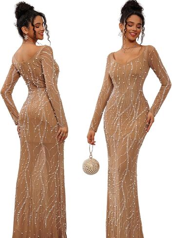 Long Sleeve Pearl Dress Maxi Prom Cocktail Evening Dresses with Rhinestone in Kuwait