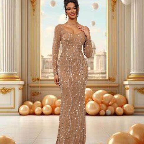 Long Sleeve Pearl Dress Maxi Prom Cocktail Evening Dresses with Rhinestone in Kuwait