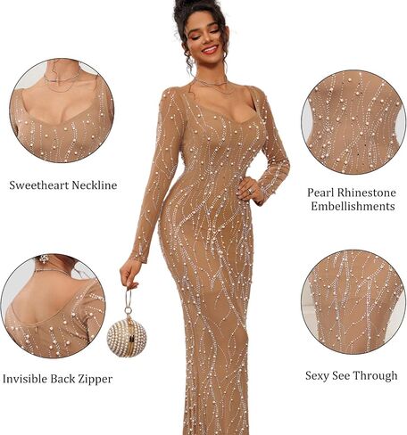 Long Sleeve Pearl Dress Maxi Prom Cocktail Evening Dresses with Rhinestone in Kuwait