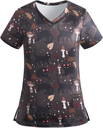 Scrub Tops for Women Short Sleeve Vneck Stretch Holiday Scrub Shirt Cute Animal Print Nursing Workwear with 2 Pockets in Saudi Arabia