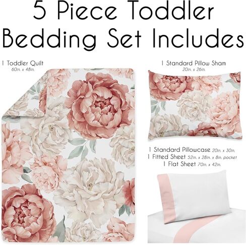 مجموعة مفروشات Sweet Jojo Designs ذات الألوان المائية باللون الرمادي والزهور للفتيات الصغيرات والأطفال - 5 قطع لحاف وشام وملاءات - وردي أحمر الخدود رمادي وأبيض رث شيك على شكل زهرة وردية منقط in Saudi Arabia