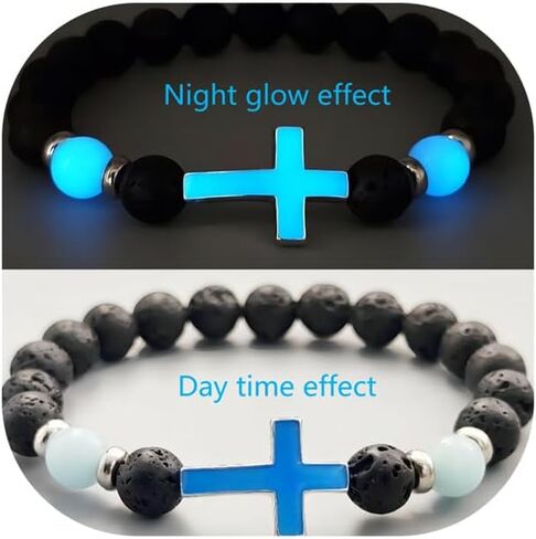 8mm Natural Volcanic Stone Bracelets for Men,Luminous Cross Bracelets,Healing Crystal Elastic Stretch Beads Bracelet,Religion Holy Communion Bracelet for Women in Kuwait