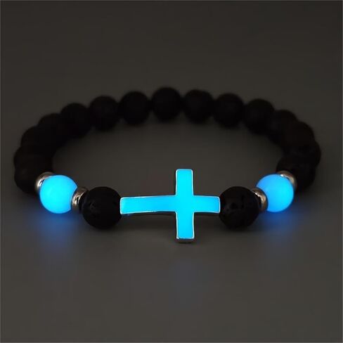 8mm Natural Volcanic Stone Bracelets for Men,Luminous Cross Bracelets,Healing Crystal Elastic Stretch Beads Bracelet,Religion Holy Communion Bracelet for Women in Kuwait