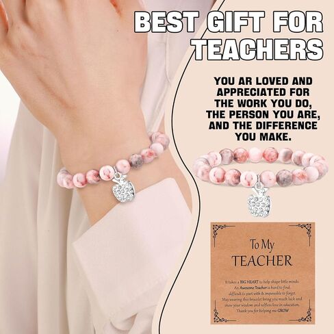 12 Set End of Year Teacher Gifts from Students Graduation Gifts Thank You Natural Stone Apple Bracelet for Women Birthday Teacher with Message Cards in Saudi Arabia
