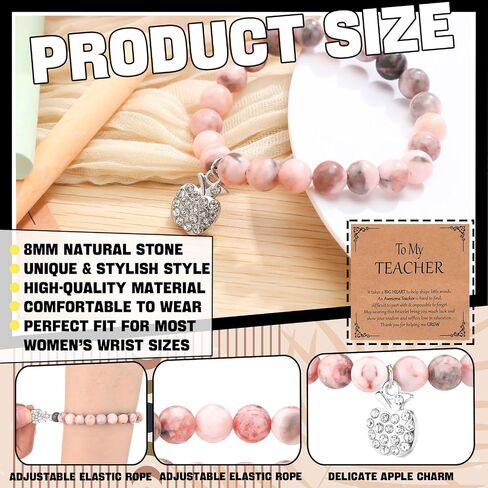12 Set End of Year Teacher Gifts from Students Graduation Gifts Thank You Natural Stone Apple Bracelet for Women Birthday Teacher with Message Cards in Saudi Arabia