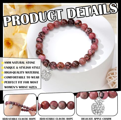 12 Set End of Year Teacher Gifts from Students Graduation Gifts Thank You Natural Stone Apple Bracelet for Women Birthday Teacher with Message Cards in Saudi Arabia