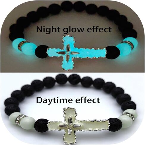 8mm Natural Volcanic Stone Bracelets for Men,Luminous Cross Bracelets,Healing Crystal Elastic Stretch Beads Bracelet,Religion Holy Communion Bracelet for Women in Saudi Arabia