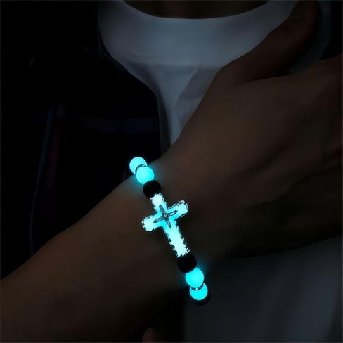 8mm Natural Volcanic Stone Bracelets for Men,Luminous Cross Bracelets,Healing Crystal Elastic Stretch Beads Bracelet,Religion Holy Communion Bracelet for Women in Saudi Arabia