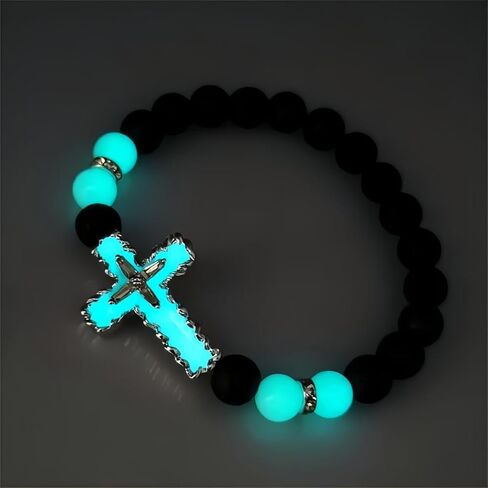 8mm Natural Volcanic Stone Bracelets for Men,Luminous Cross Bracelets,Healing Crystal Elastic Stretch Beads Bracelet,Religion Holy Communion Bracelet for Women in Saudi Arabia
