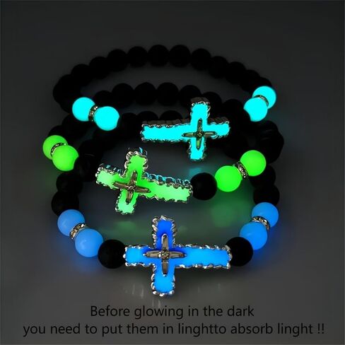 8mm Natural Volcanic Stone Bracelets for Men,Luminous Cross Bracelets,Healing Crystal Elastic Stretch Beads Bracelet,Religion Holy Communion Bracelet for Women in Saudi Arabia