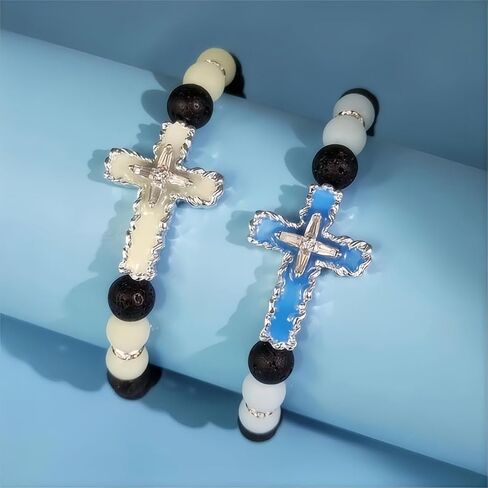 8mm Natural Volcanic Stone Bracelets for Men,Luminous Cross Bracelets,Healing Crystal Elastic Stretch Beads Bracelet,Religion Holy Communion Bracelet for Women in Saudi Arabia