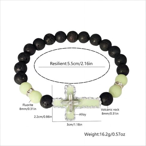 8mm Natural Volcanic Stone Bracelets for Men,Luminous Cross Bracelets,Healing Crystal Elastic Stretch Beads Bracelet,Religion Holy Communion Bracelet for Women in Saudi Arabia