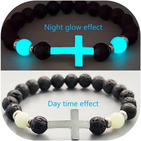 8mm Natural Volcanic Stone Bracelets for Men,Luminous Cross Bracelets,Healing Crystal Elastic Stretch Beads Bracelet,Religion Holy Communion Bracelet for Women in Saudi Arabia