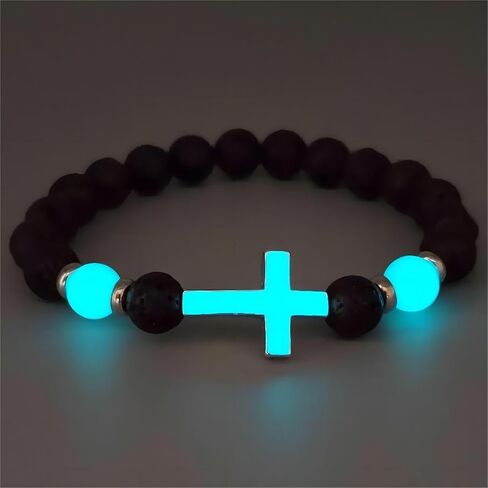 8mm Natural Volcanic Stone Bracelets for Men,Luminous Cross Bracelets,Healing Crystal Elastic Stretch Beads Bracelet,Religion Holy Communion Bracelet for Women in Saudi Arabia