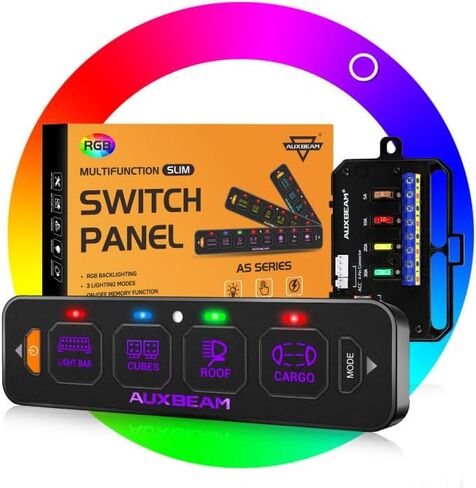 Auxbeam 4 Gang Slim Switch Panel RGB AS-R40 Toggle Momentary Pulsed Dimmable Backlight Multifunction Switch Panel with Memory Function for 12-24V Truck Offroad Car Marine Waterproof 2 Years Warranty in Saudi Arabia