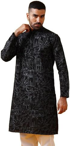 Sojanya (Since 1958 Men'S Cotton Silk Kantha Thread Embroidered Long Kurta in Saudi Arabia
