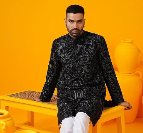 Sojanya (Since 1958 Men'S Cotton Silk Kantha Thread Embroidered Long Kurta in Saudi Arabia