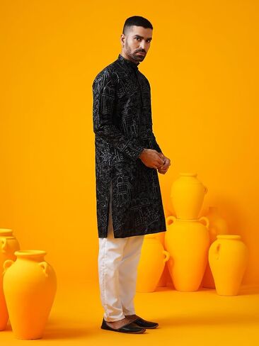 Sojanya (Since 1958 Men'S Cotton Silk Kantha Thread Embroidered Long Kurta in Saudi Arabia
